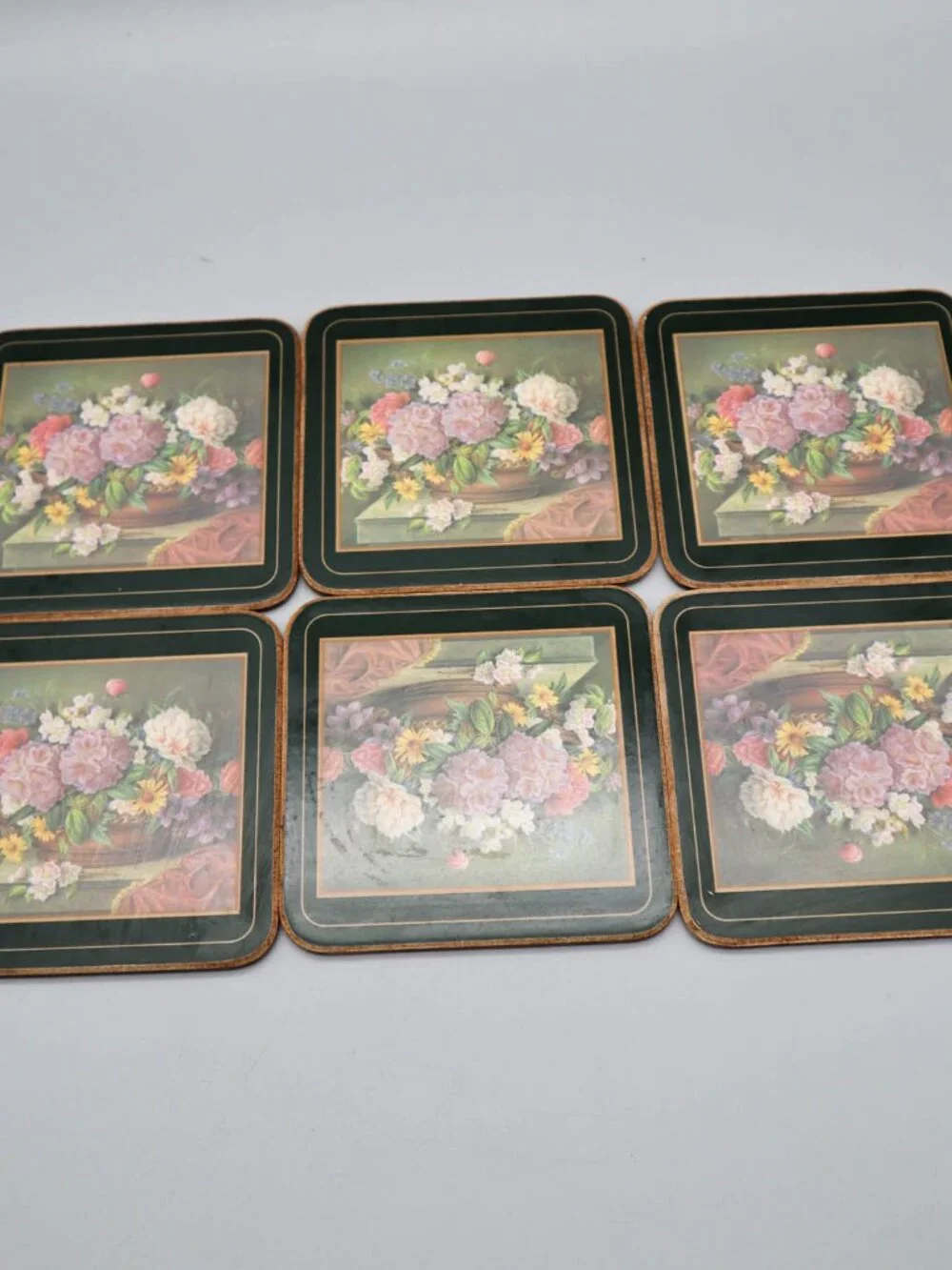 6 Vintage Pimpernel Cork Backed Celluloid Coasters Romantic Rose Botanical